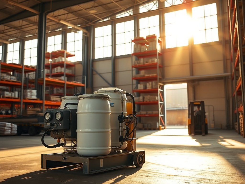 Spray foam rig loaded with chemical drums inside a U.S. distribution warehouse